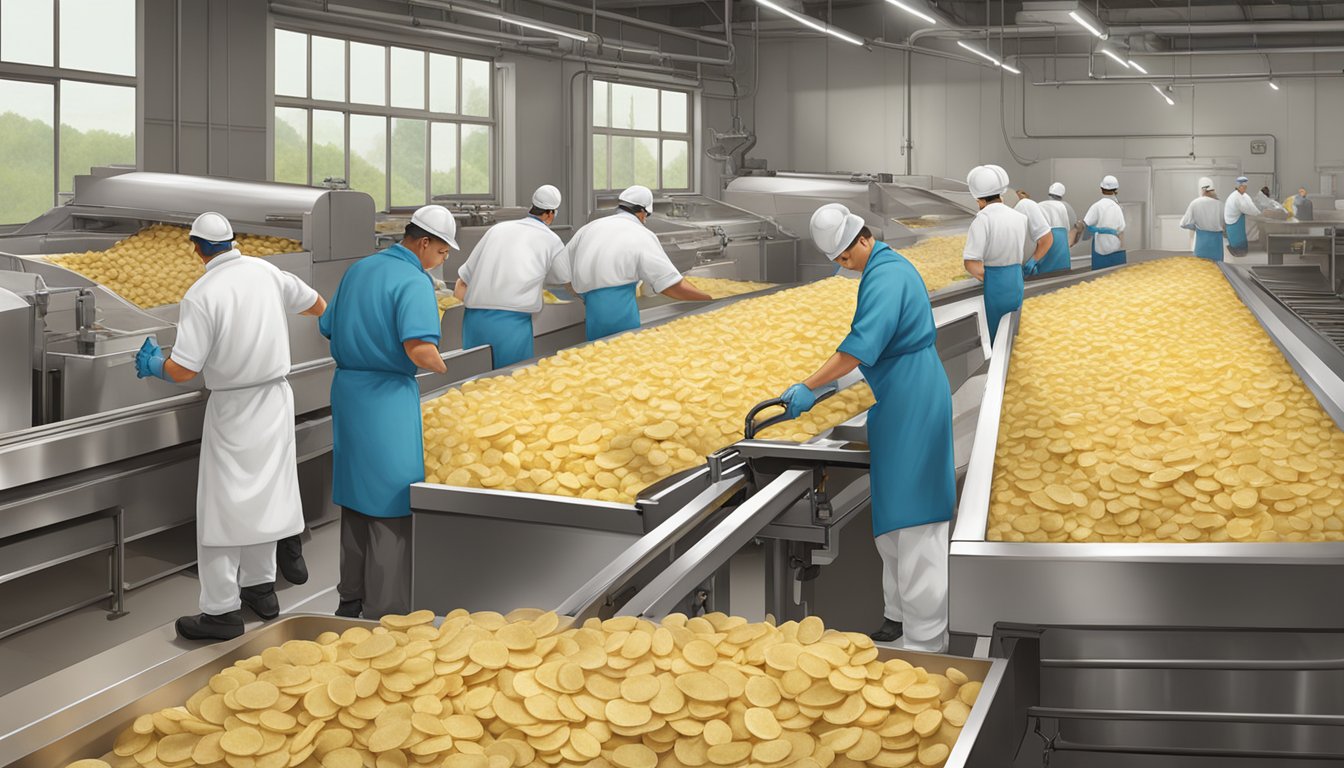 A large industrial kettle churns potato slices for kettle chip production, while workers at Cape Cod hand-sort and inspect freshly sliced potatoes