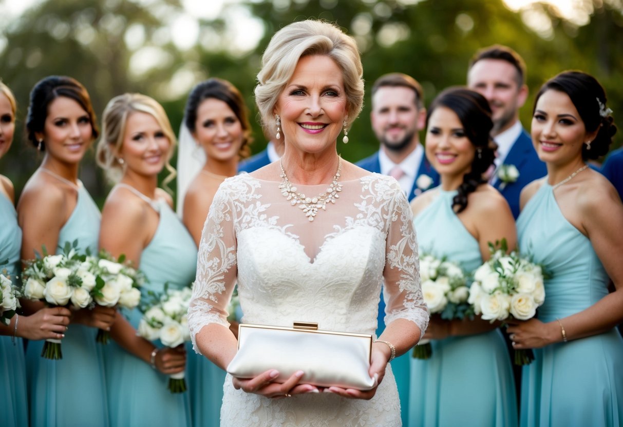 Mother of the bride holds a matching clutch, coordinating with the bridal party and wedding theme