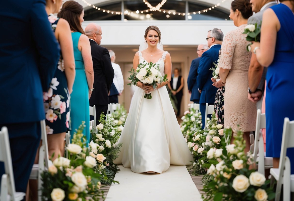 A bride walks down the aisle in a white gown, surrounded by flowers and soft lighting