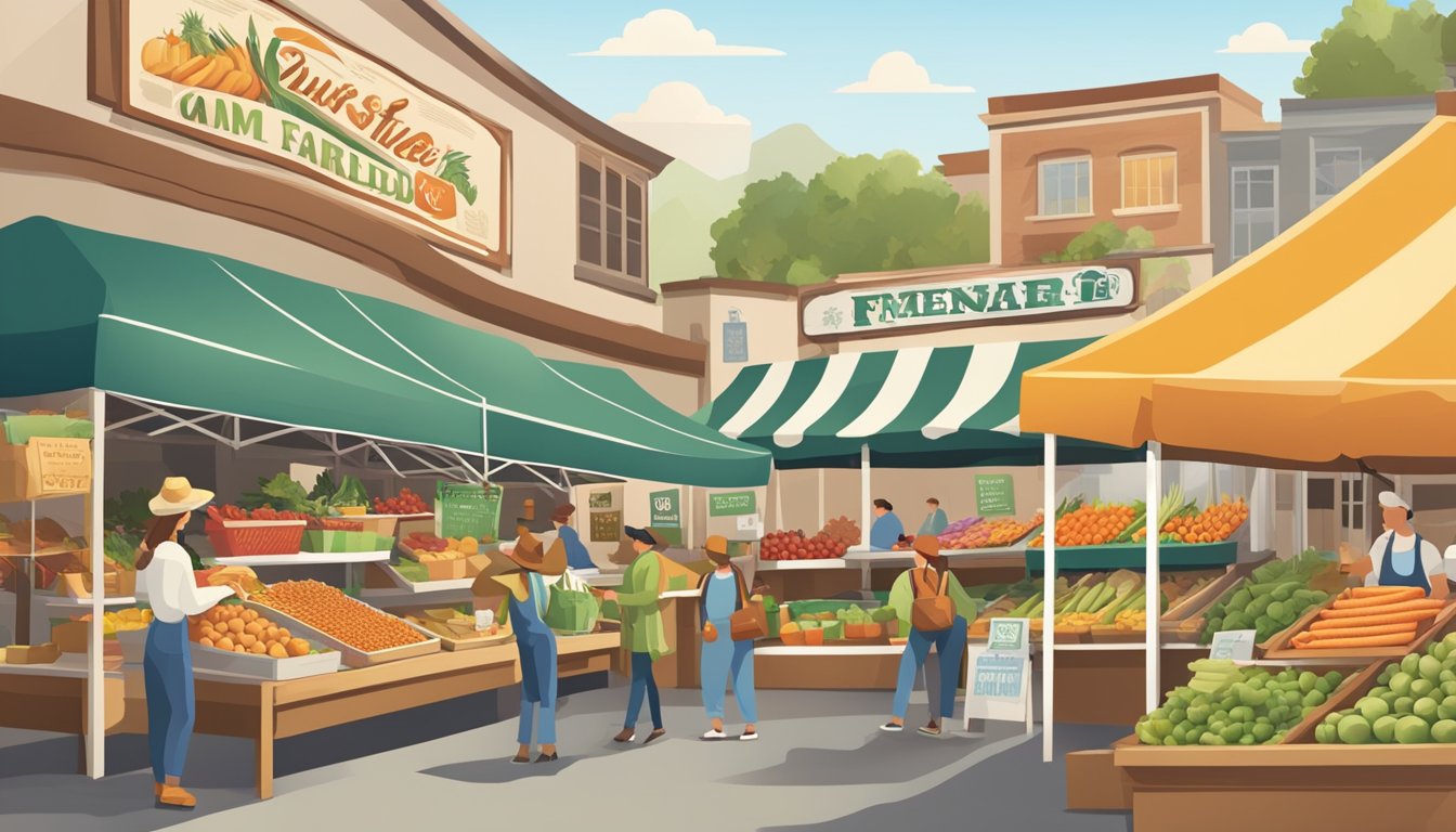 A bustling farmer's market with two competing food stands, each adorned with their respective logos and branding. Customers compare and contrast the products, forming opinions on the brands