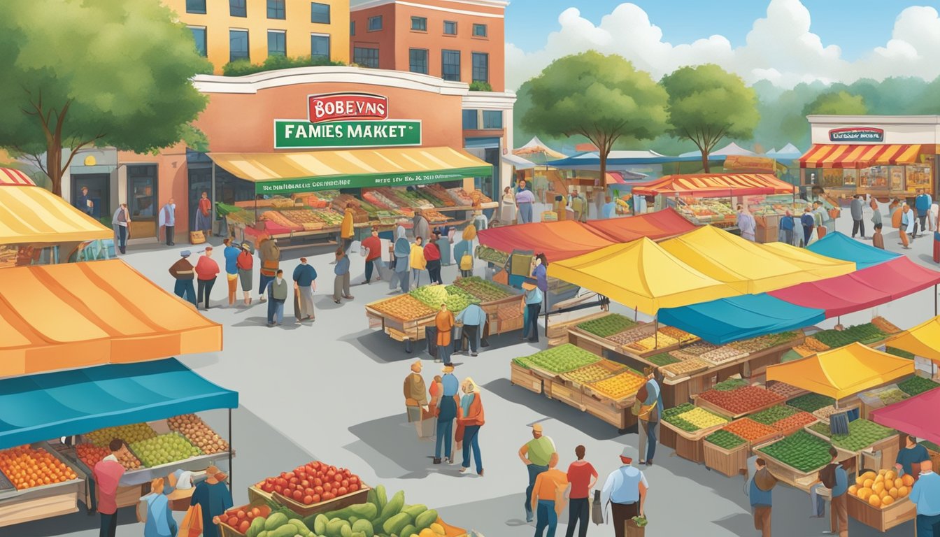 A bustling farmer's market with competing stands for Jimmy Dean and Bob Evans products. Brightly colored banners and enthusiastic customers