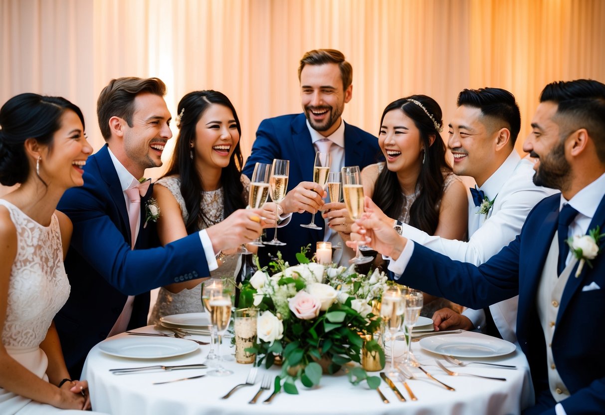 A group of friends laughing and toasting with champagne at a beautifully decorated table during the wedding reception