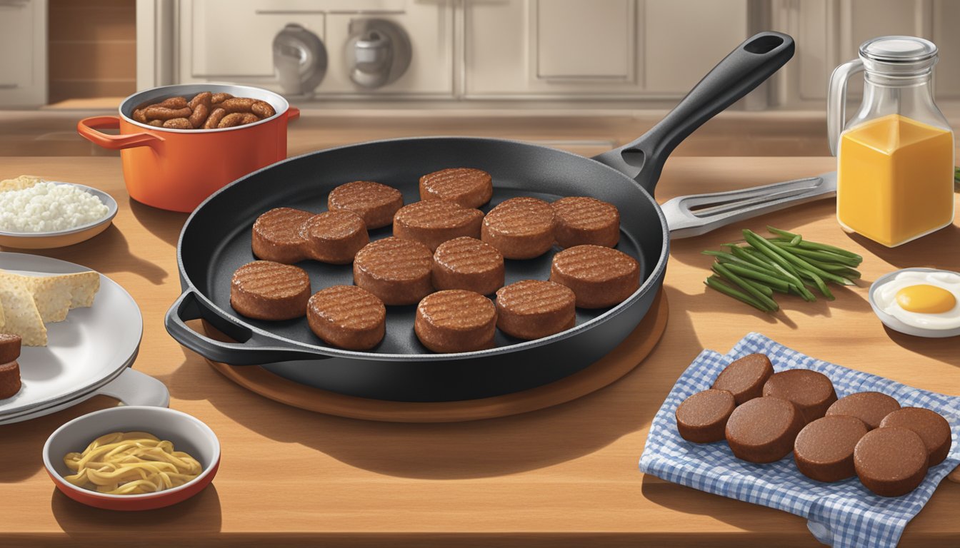 A sizzling skillet with Jimmy Dean and Bob Evans sausage links and patties cooking in a kitchen, surrounded by various cooking utensils and ingredients