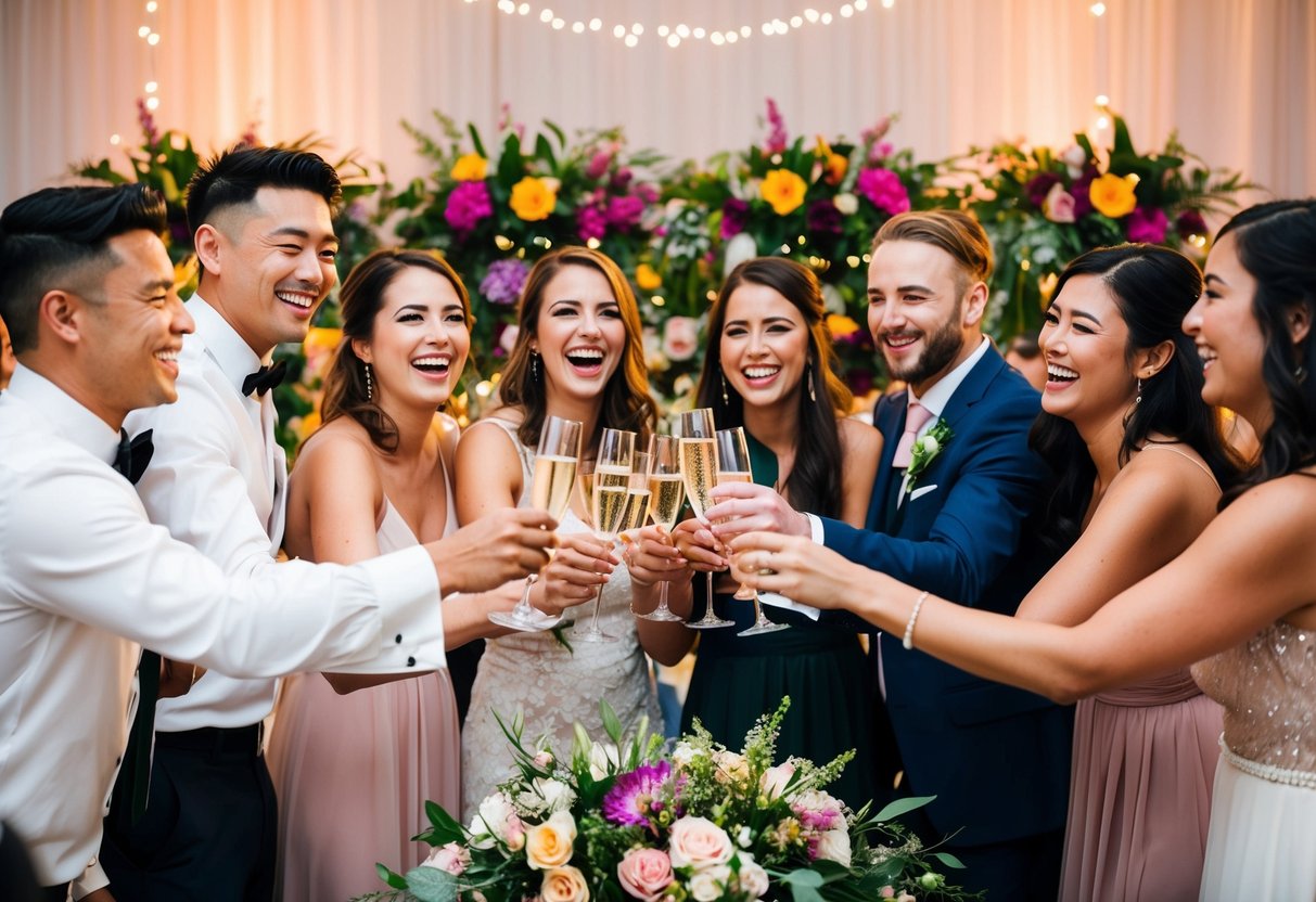 A group of friends laughing and toasting with champagne at a wedding reception, surrounded by colorful floral arrangements and twinkling lights