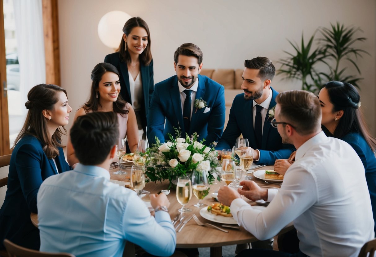 A group of friends gather around a table, discussing and planning various tasks for the wedding, such as organizing transportation, managing the guest list, and coordinating the music playlist