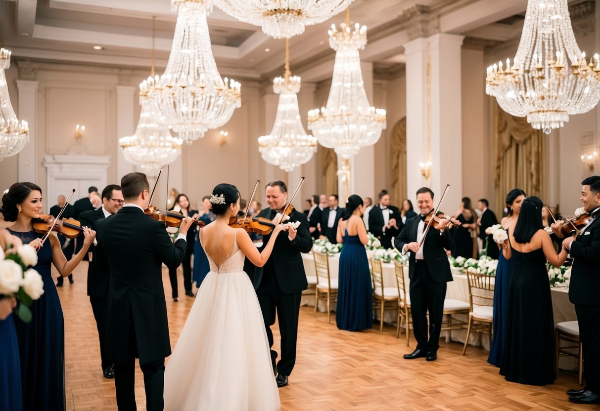 A grand ballroom with crystal chandeliers, white roses, and gold accents. A string quartet plays as guests mingle in their elegant attire