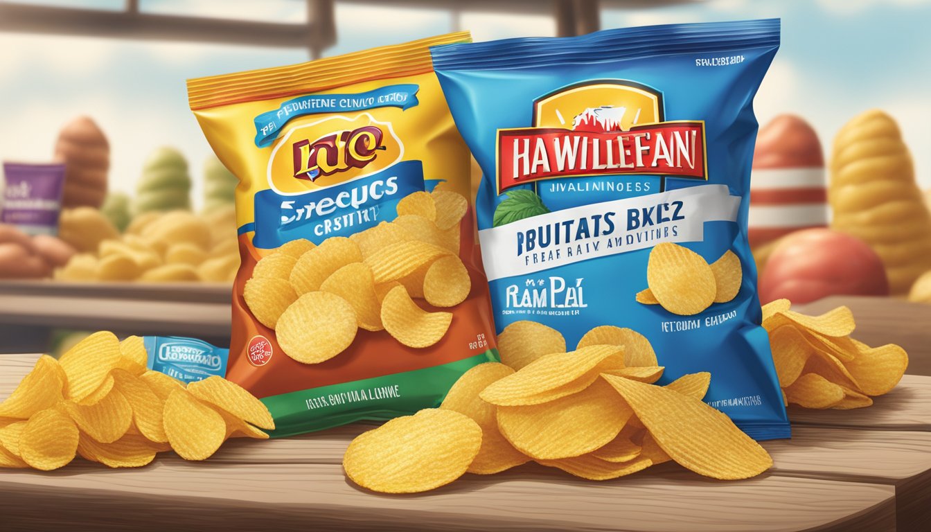 Two iconic potato chip brands face off at a bustling market, their vibrant packaging and bold logos drawing in eager customers