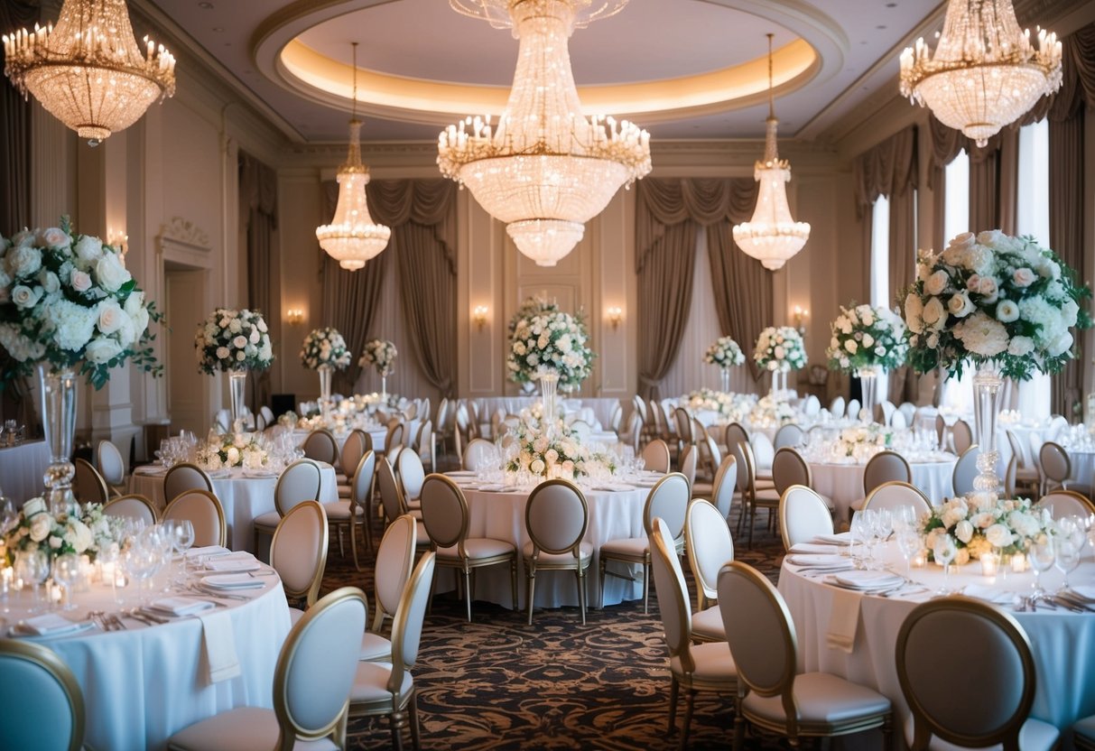A grand ballroom adorned with elegant chandeliers, gold-trimmed furniture, and opulent floral arrangements, exuding a timeless and sophisticated ambiance for a classy wedding