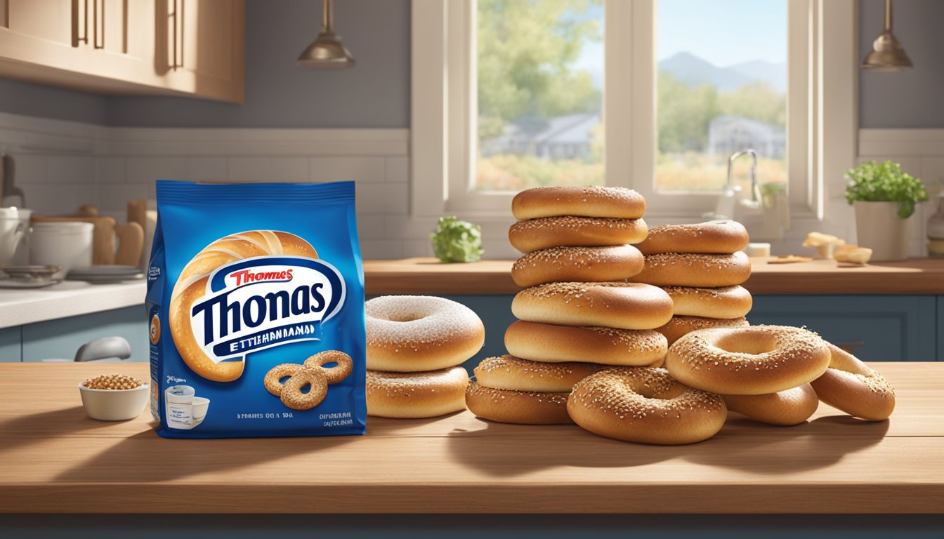 Two piles of bagels, one branded "Thomas'" and the other "Entenmann's," sit on a wooden table in a well-lit kitchen