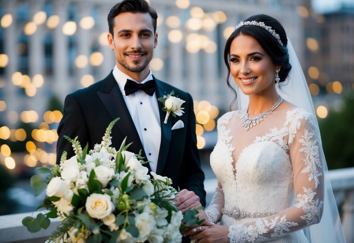 A classy wedding scene with elegant attire and finishing touches, such as a white lace gown, sharp tuxedo, sparkling jewelry, and a bouquet of fresh flowers