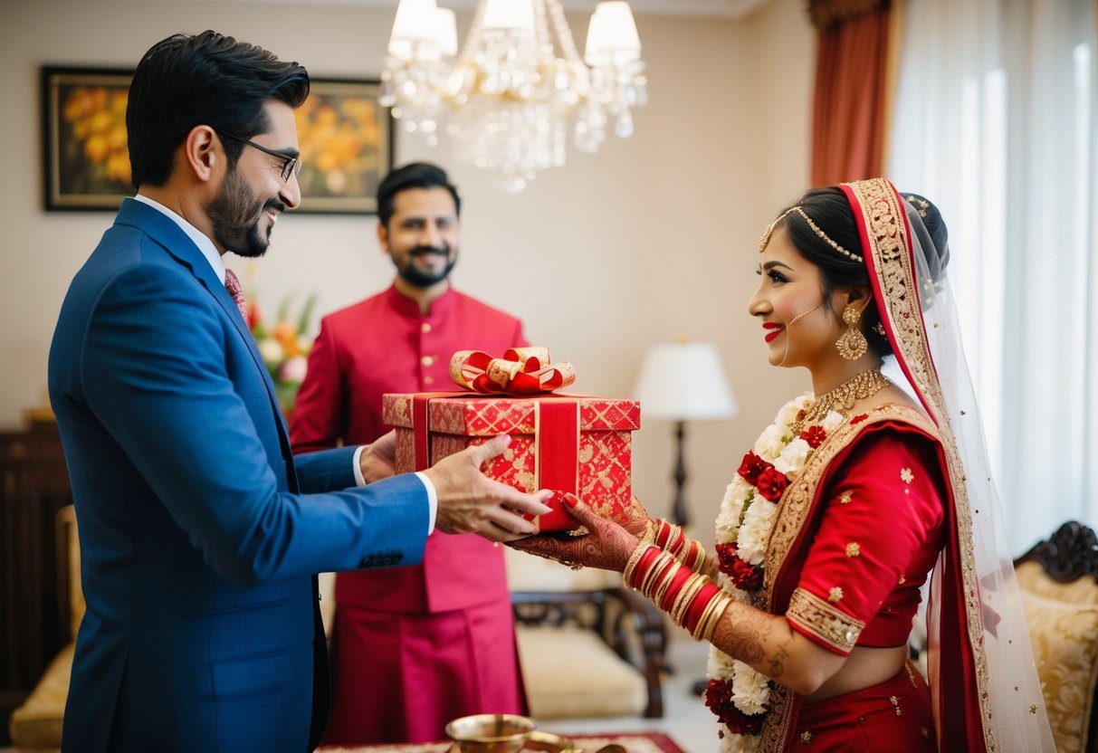 A man presenting gifts to a woman's family in exchange for marriage