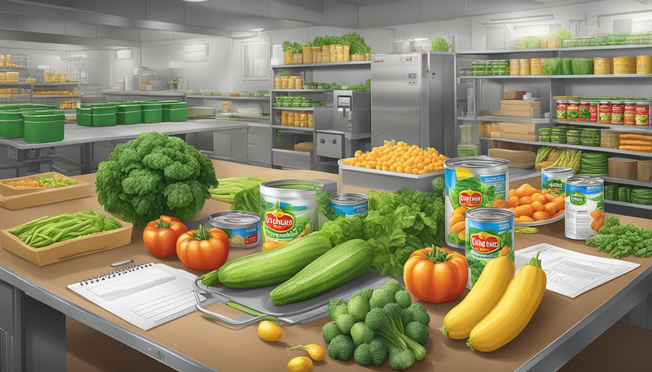 A table with open cans of Del Monte and Green Giant vegetables, surrounded by quality control equipment and standards documents