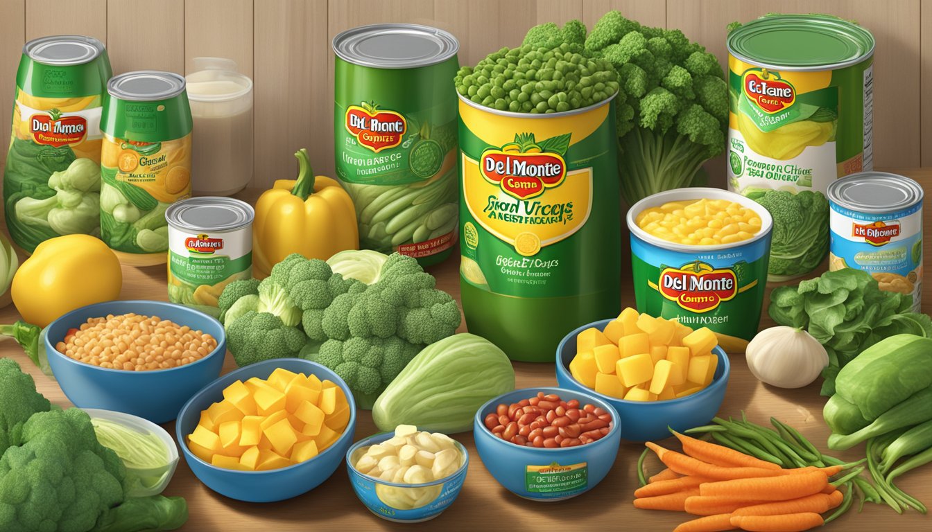 A table with open cans of Del Monte and Green Giant vegetables, surrounded by measuring cups and nutrition labels