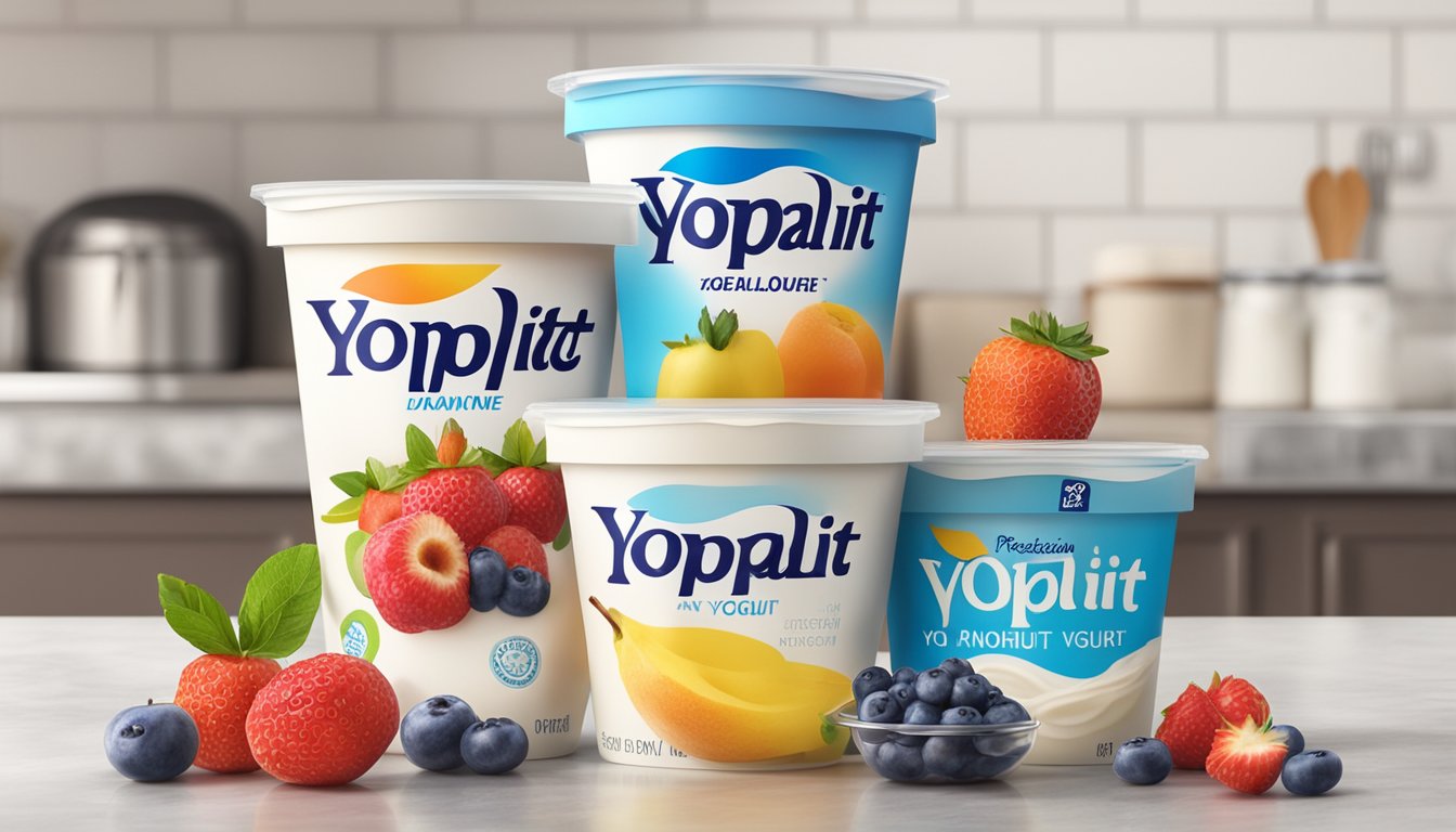 Two containers of Yoplait and Danone yogurt placed side by side on a kitchen countertop, surrounded by assorted fresh fruits and a spoon