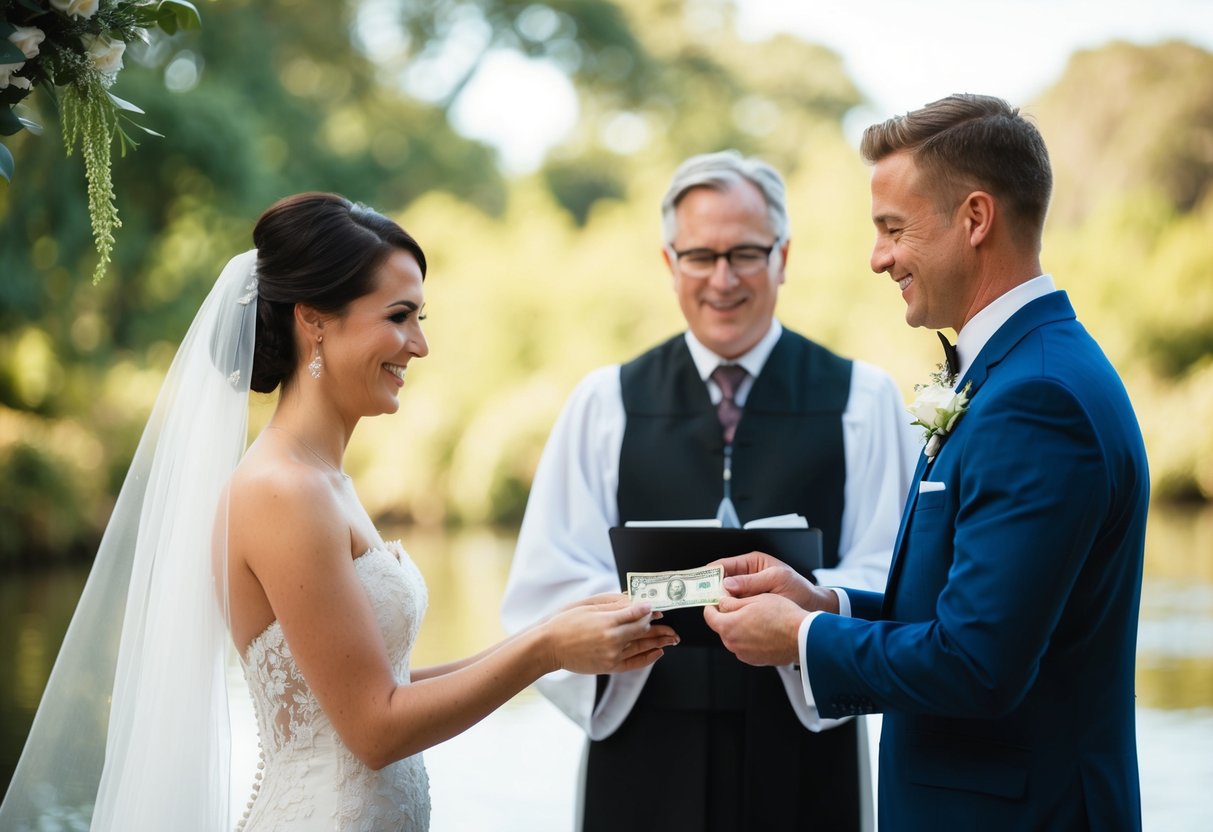 A bride and groom exchanging money in front of a wedding officiant