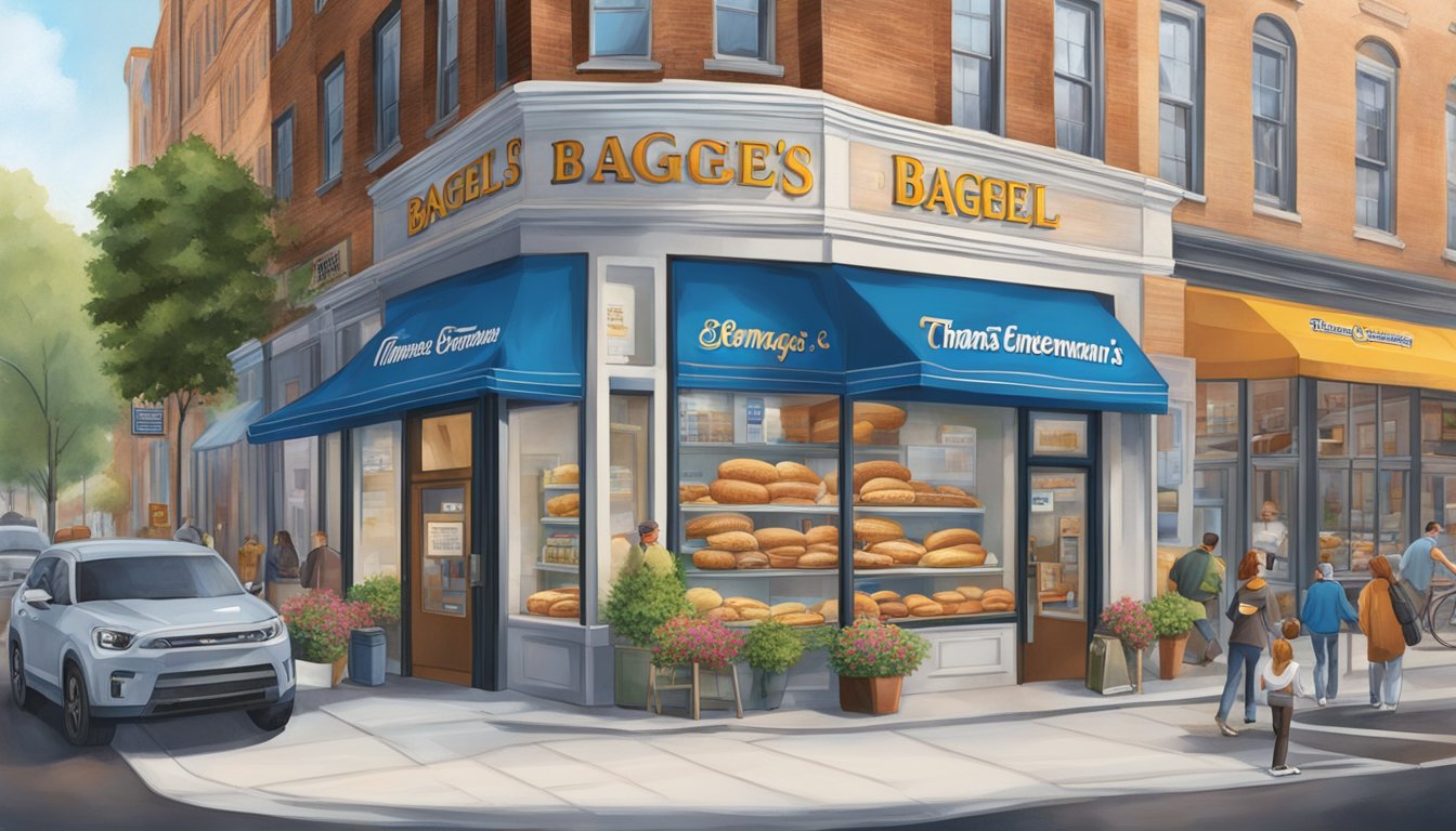 A busy street corner with a colorful storefront displaying Thomas and Entenmann's bagels, with clear signage and accessible entrance