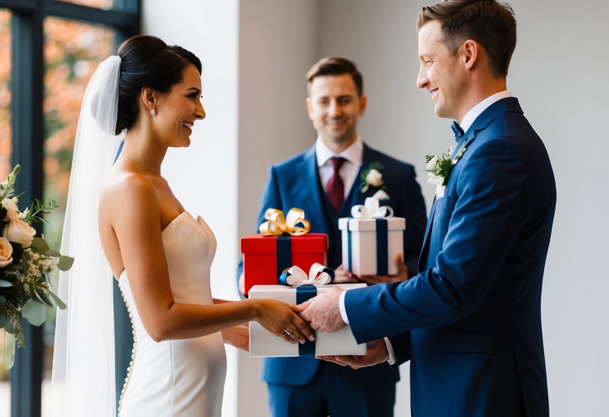 A bride and groom exchange gifts symbolizing their love and commitment in a modern wedding ceremony