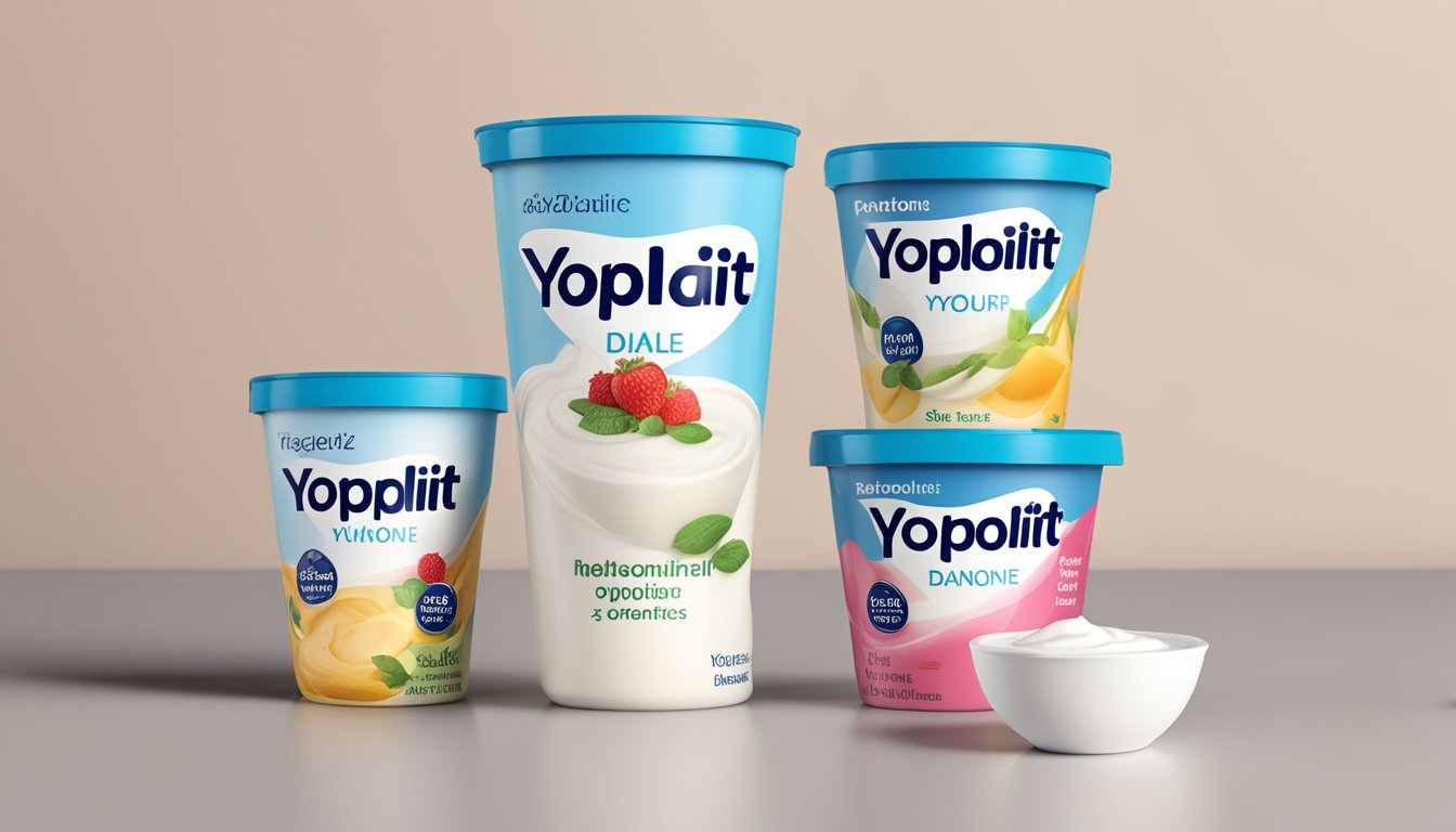 A table displaying two containers of yogurt, one labeled Yoplait and the other Danone, with their respective nutritional contents listed next to them