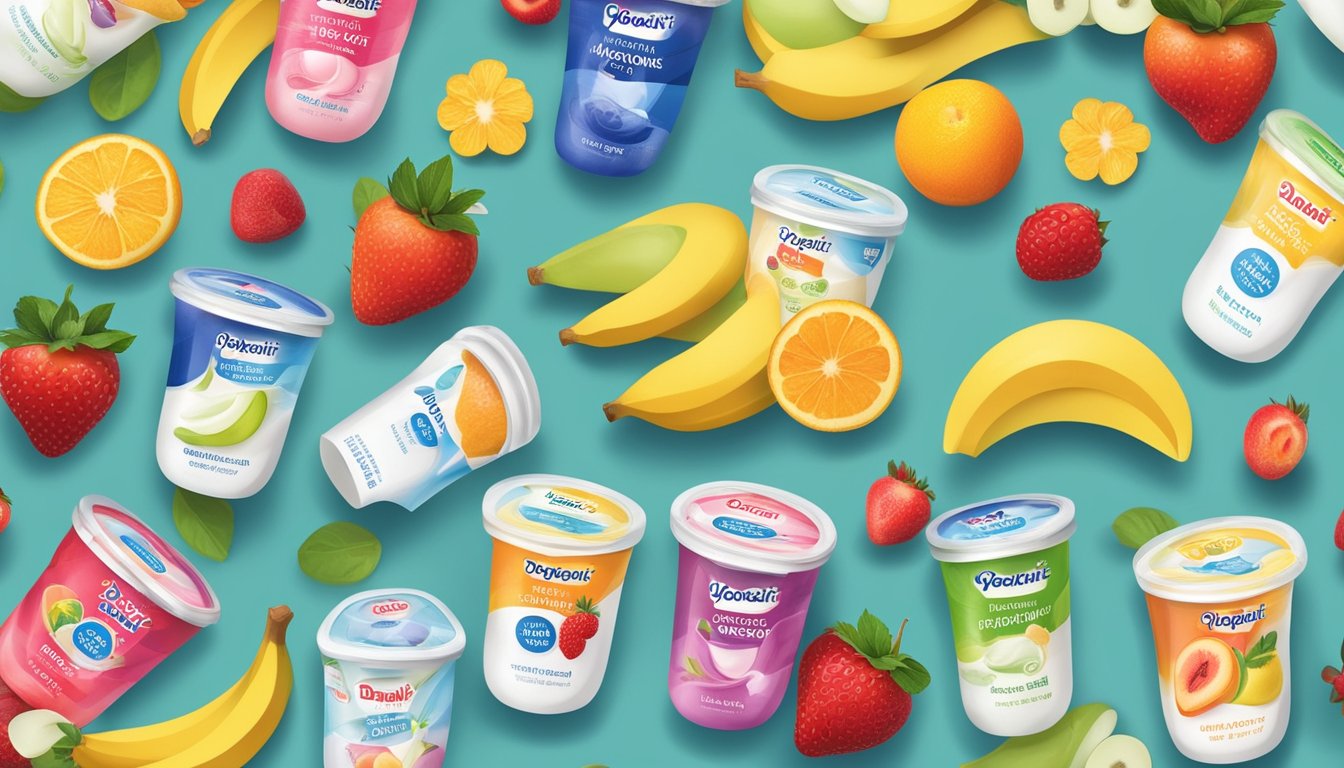 A colorful display of various yogurt containers, surrounded by fresh fruits and a measuring tape, highlighting the health benefits of Yoplait and Danone