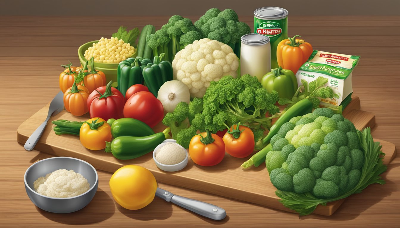 Fresh vegetables from Del Monte and Green Giant arranged on a wooden cutting board, surrounded by cooking utensils and recipe books