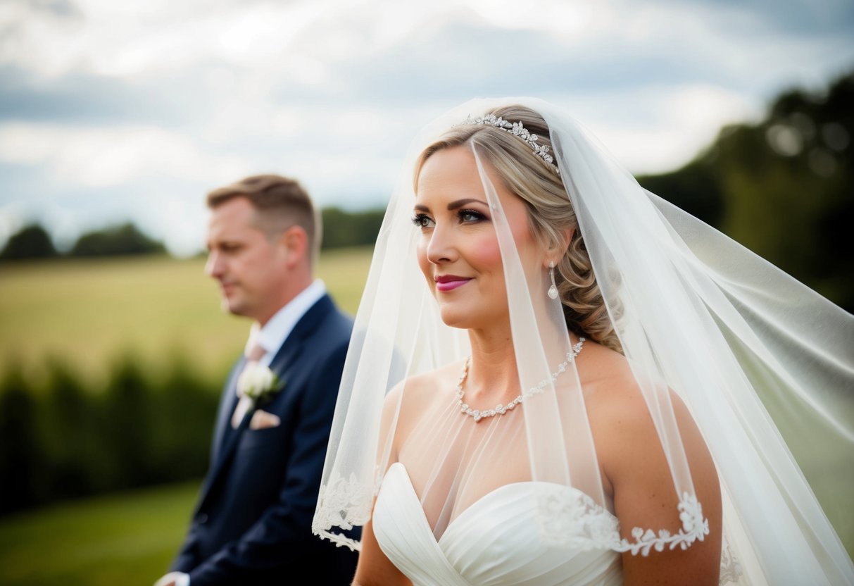 A bride stands beneath a delicate wedding veil, flowing gently in the breeze, as she prepares to walk down the aisle
