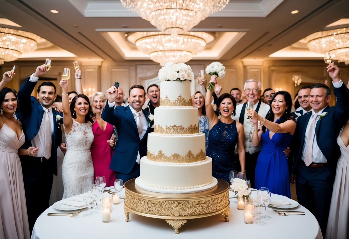 A lavish wedding reception with elegant decor and a grand cake, surrounded by happy guests celebrating