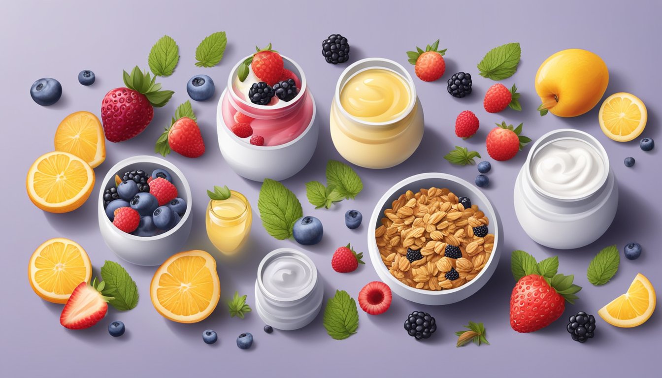 Two yogurt containers surrounded by a variety of colorful and fresh ingredients such as berries, granola, and honey