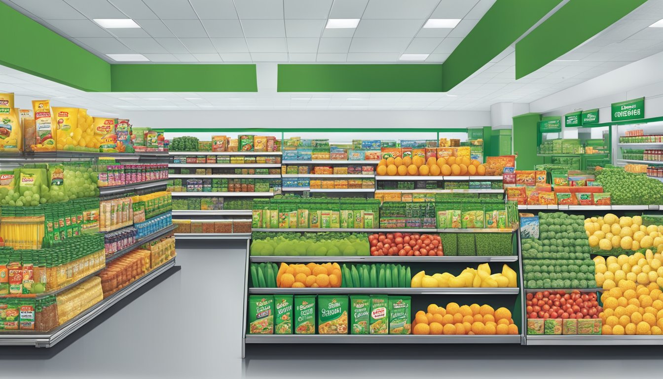 A busy grocery store aisle with colorful, eye-catching packaging for Del Monte and Green Giant products displayed on shelves