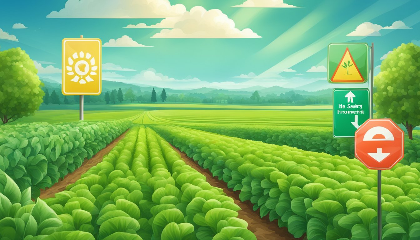 A lush green field with rows of crops under a bright blue sky, surrounded by safety signs and environmental protection measures