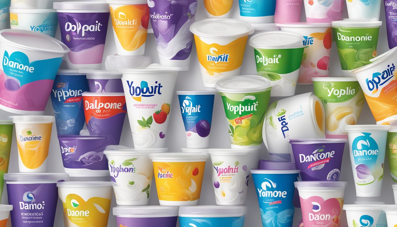 A colorful display of various yogurt containers from Yoplait and Danone, arranged on a clean, white surface with their respective logos prominently featured