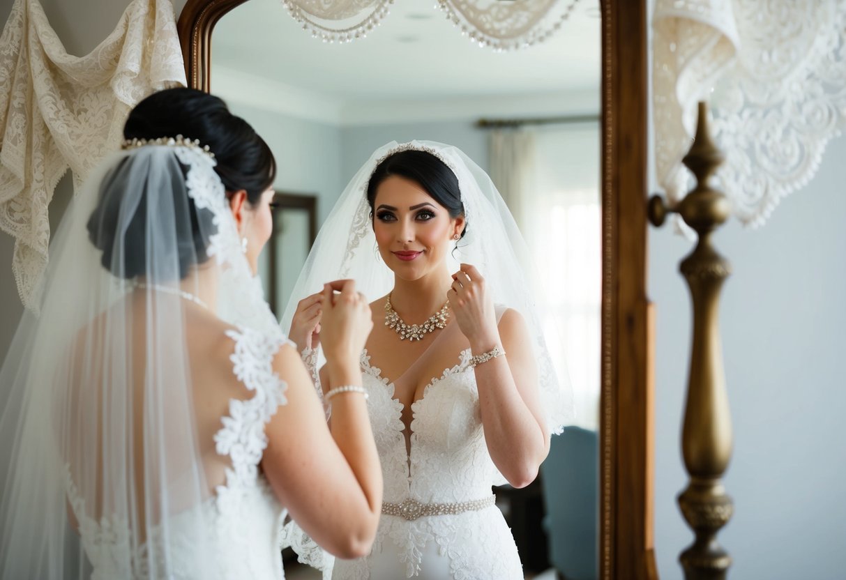 A bride stands in front of a mirror, carefully adjusting her wedding veil, surrounded by delicate lace and sparkling jewels