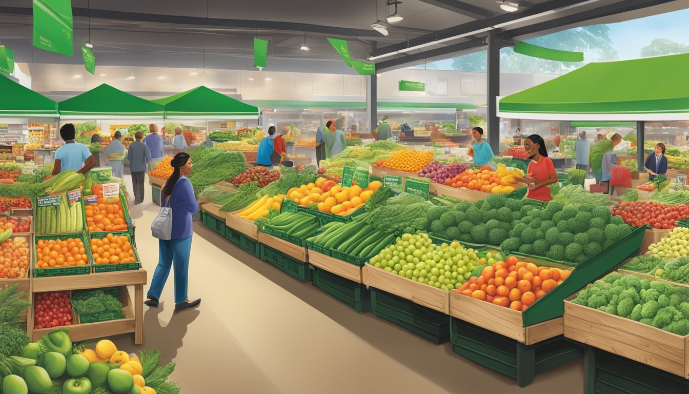 A bustling market with vibrant displays of fresh produce from Del Monte and Green Giant, showcasing their brand presence and earning consumer trust