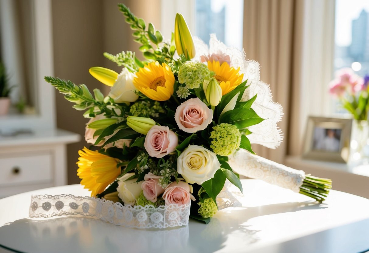 A bouquet of fresh flowers and a delicate lace garter sit on a sunlit dressing table