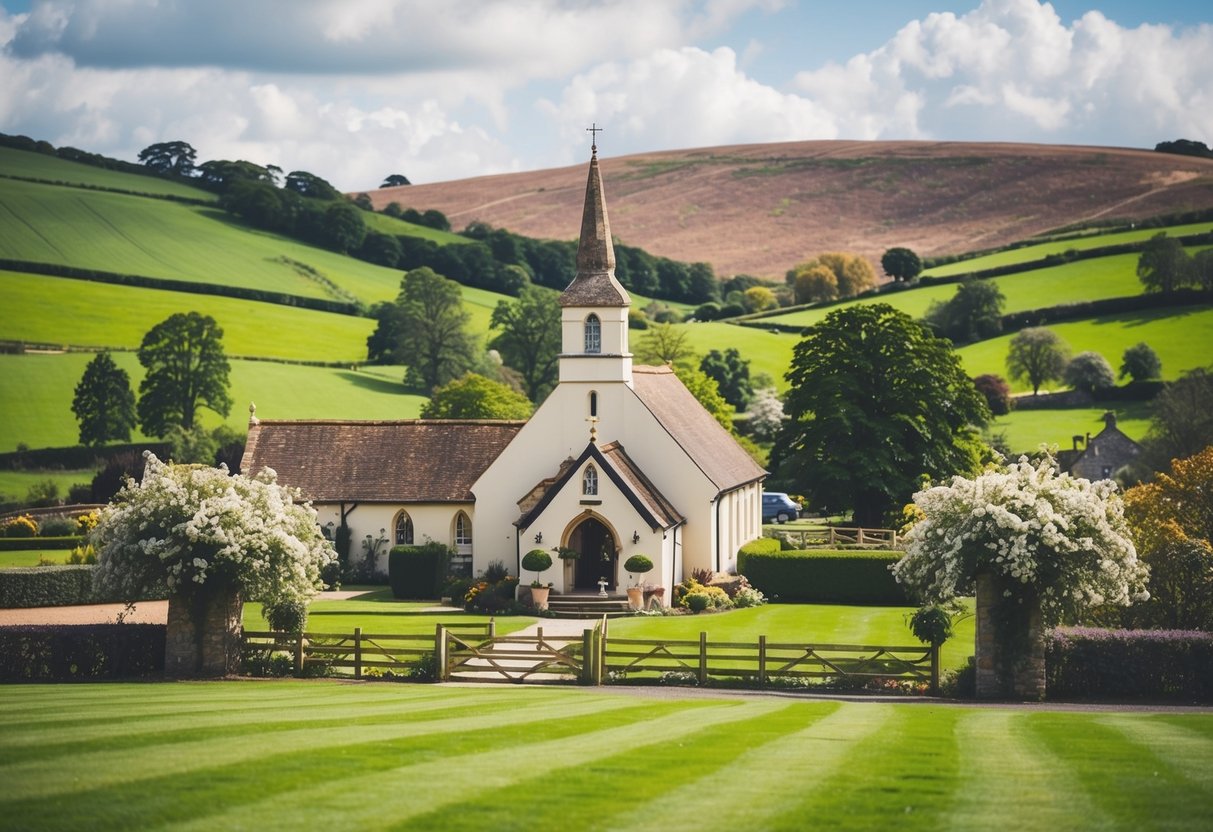 A wedding reception set in a picturesque English countryside, with rolling green hills, a quaint chapel, and blooming seasonal flowers