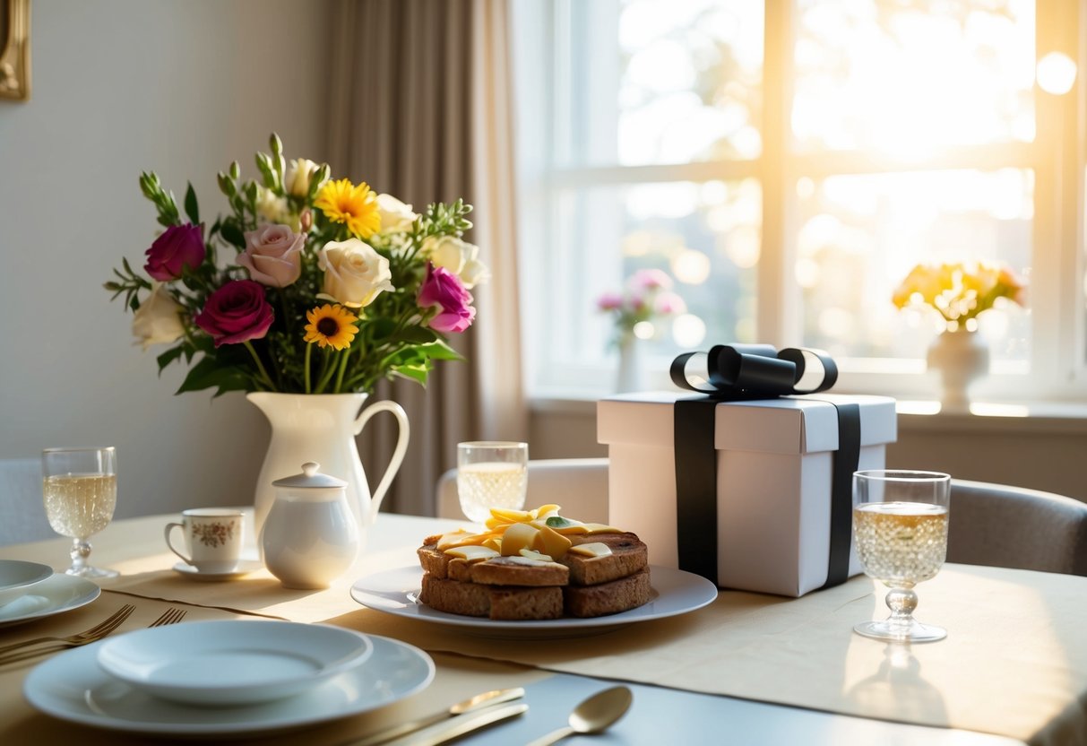 A sunlit room with a table set for breakfast, a bouquet of flowers, and a gift box wrapped in elegant paper