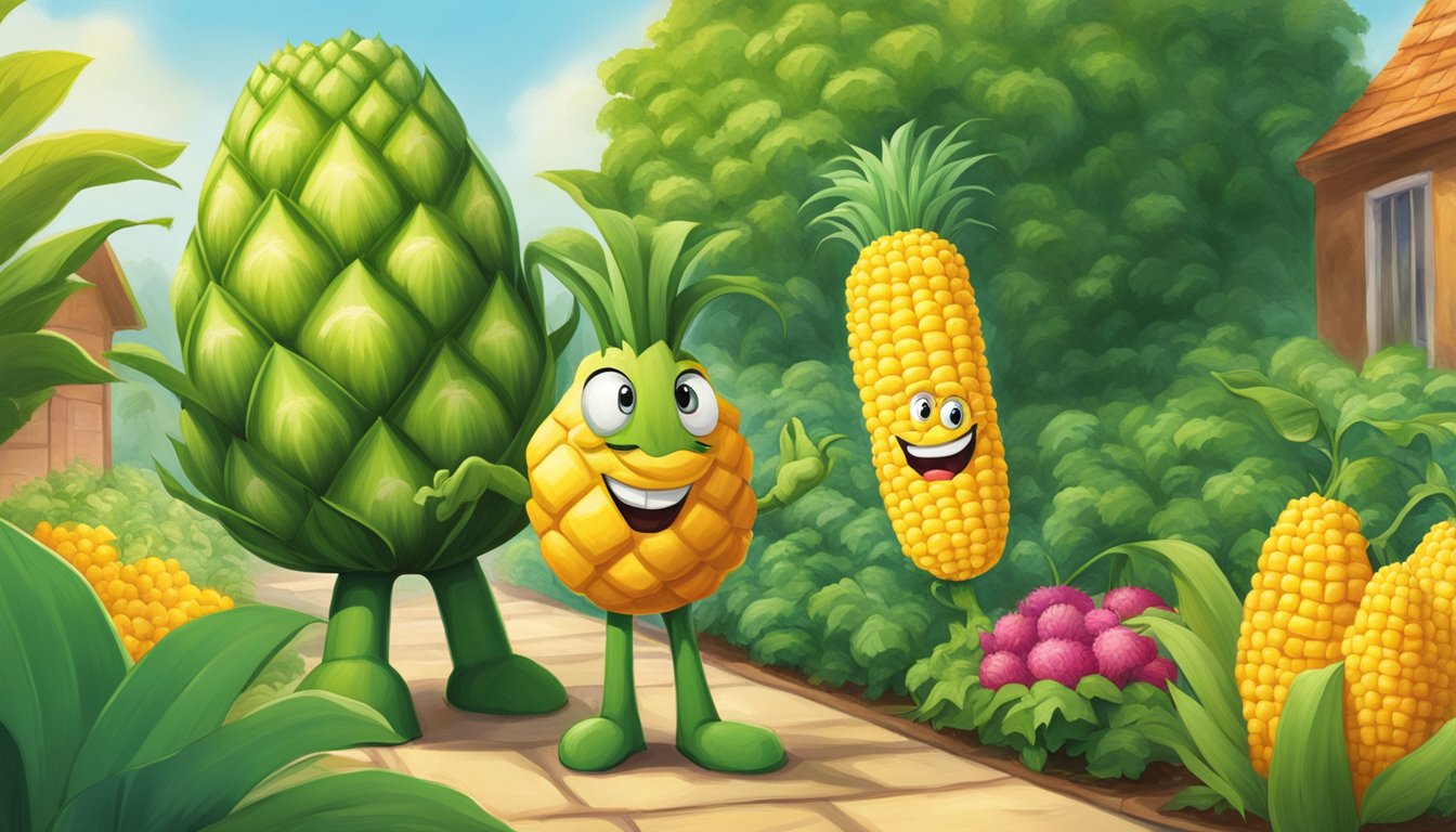 Two towering vegetable mascots face off in a lush, colorful garden. Del Monte's smiling pineapple stands beside Green Giant's confident corn, both vying for attention