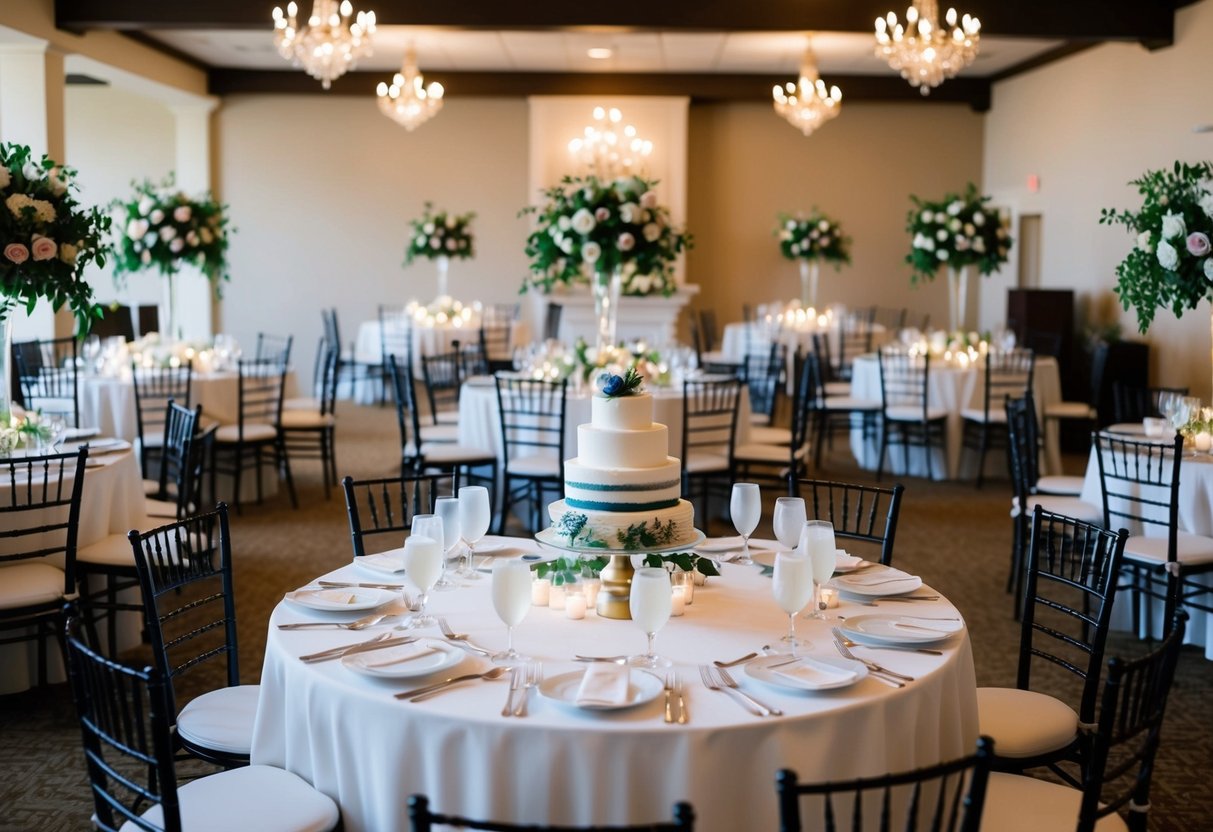 A beautifully decorated wedding venue with flowers, tables, and chairs set up for a reception. A wedding cake and elegant centerpieces add to the ambiance