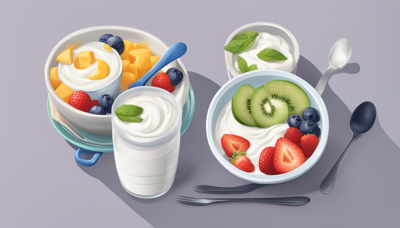 A table with two bowls of yogurt, one labeled "Yoplait" and the other "Danone," surrounded by spoons and a notepad for comparison