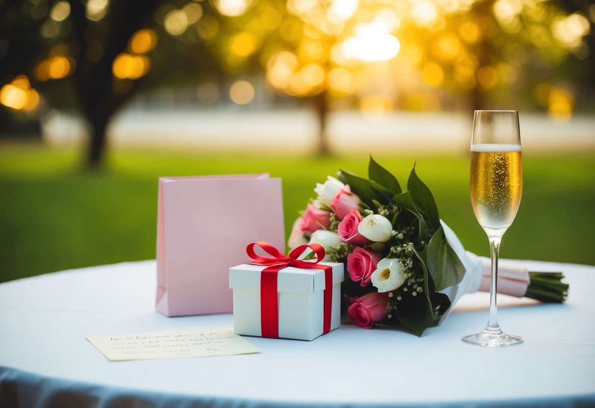 A table set with a bouquet, a handwritten note, a gift box, and a glass of champagne