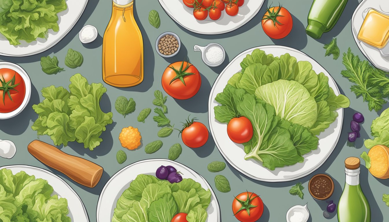 A table with bottles of Hidden Valley and Wish Bone dressings surrounded by various fresh ingredients like lettuce, tomatoes, and herbs for flavor analysis