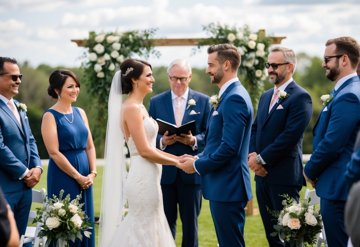 A bride and groom stand together, surrounded by family and friends, as they exchange vows in a beautiful outdoor ceremony