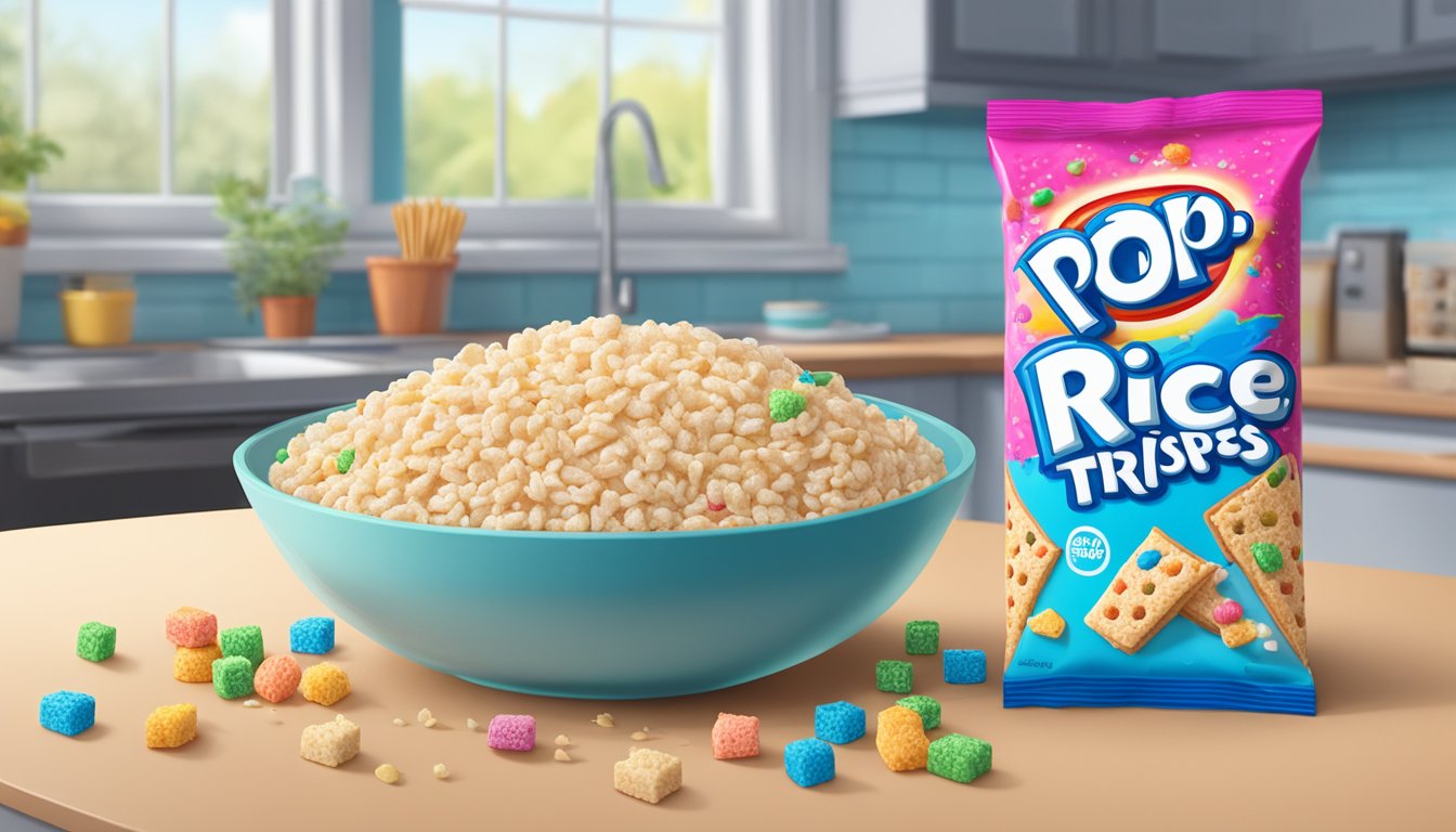 A bowl of Rice Krispies and a package of Pop Tarts sit side by side on a kitchen counter, surrounded by colorful cereal and pastry crumbs