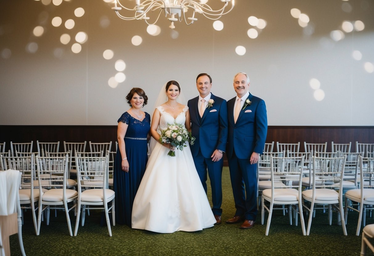 A bride and groom stand with their parents, surrounded by empty chairs of varying sizes, representing the allocation of guests for each family at the wedding