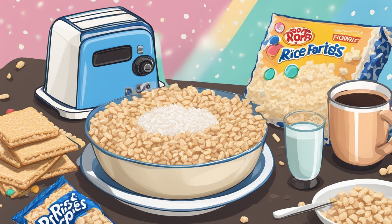 A bowl of Rice Krispies next to a toaster with Pop Tarts popping out. Ingredients like rice and fruit scattered around