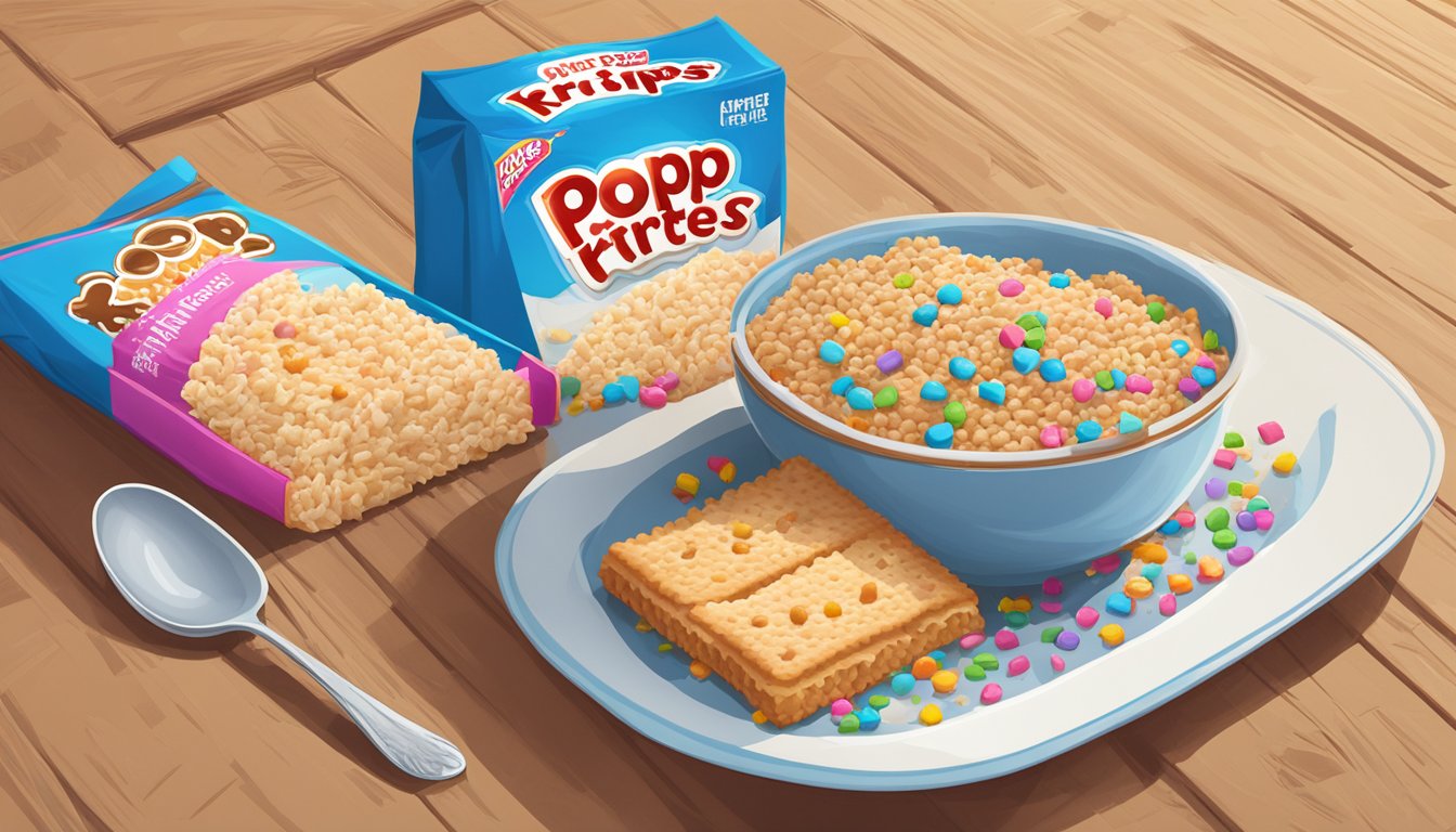 A bowl of rice krispies and a plate of pop tarts sit side by side on a wooden table, surrounded by scattered grains of sugar and colorful sprinkles