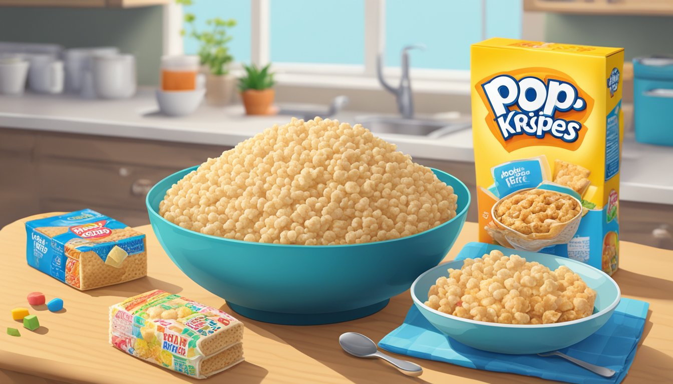 A bowl of Rice Krispies and a plate of Pop Tarts sit on a kitchen table, surrounded by colorful packaging and a variety of breakfast condiments