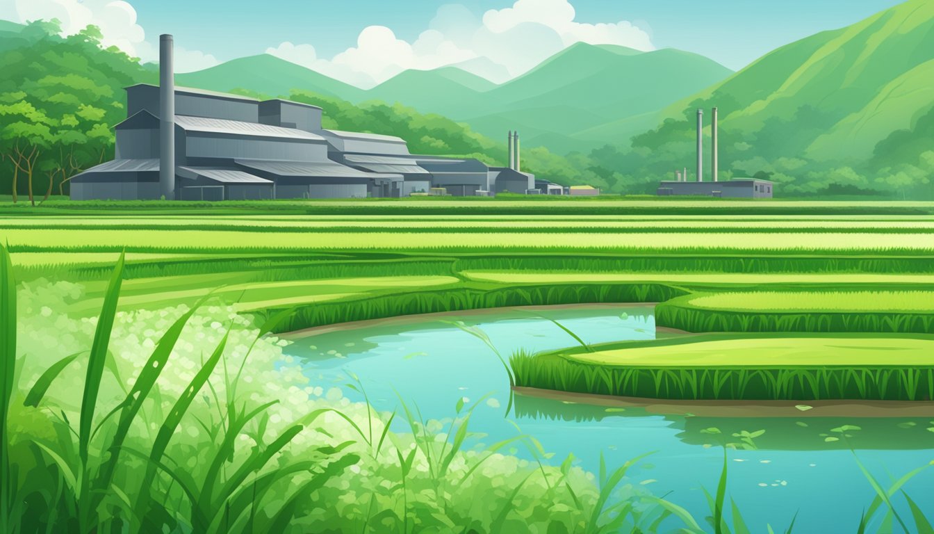 A lush rice paddy with clear water and green plants contrasts with a factory emitting smoke and waste