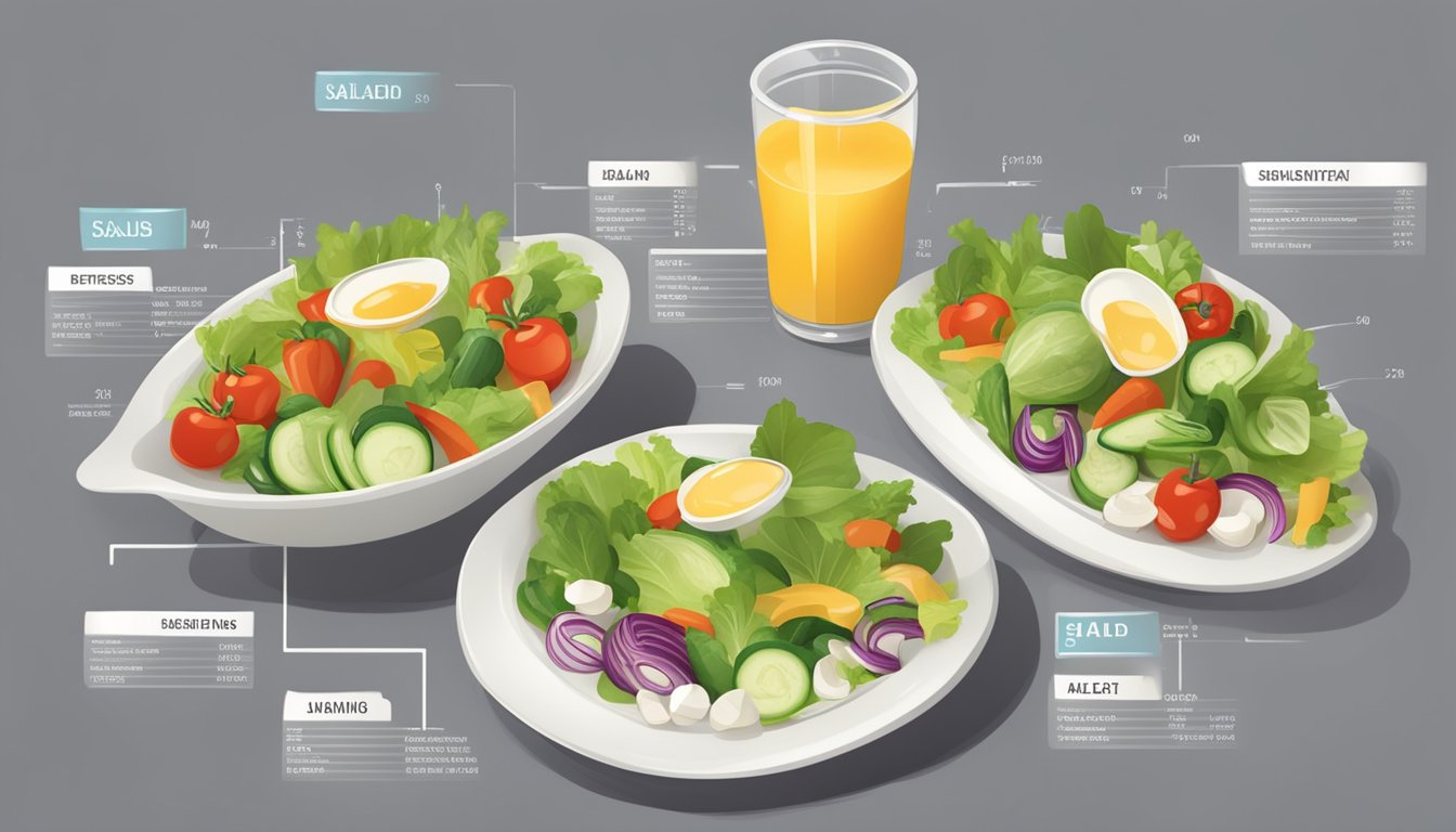 A table with two salad dressings, vegetables, and nutrition labels