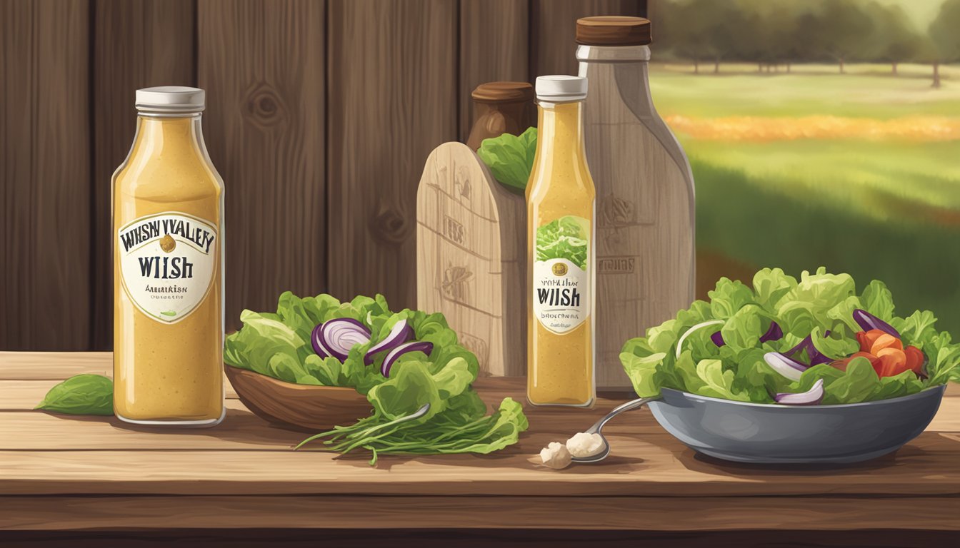 Two bottles of salad dressing, one labeled "Hidden Valley" and the other "Wish Bone," sit side by side on a rustic wooden table at a farmer's market