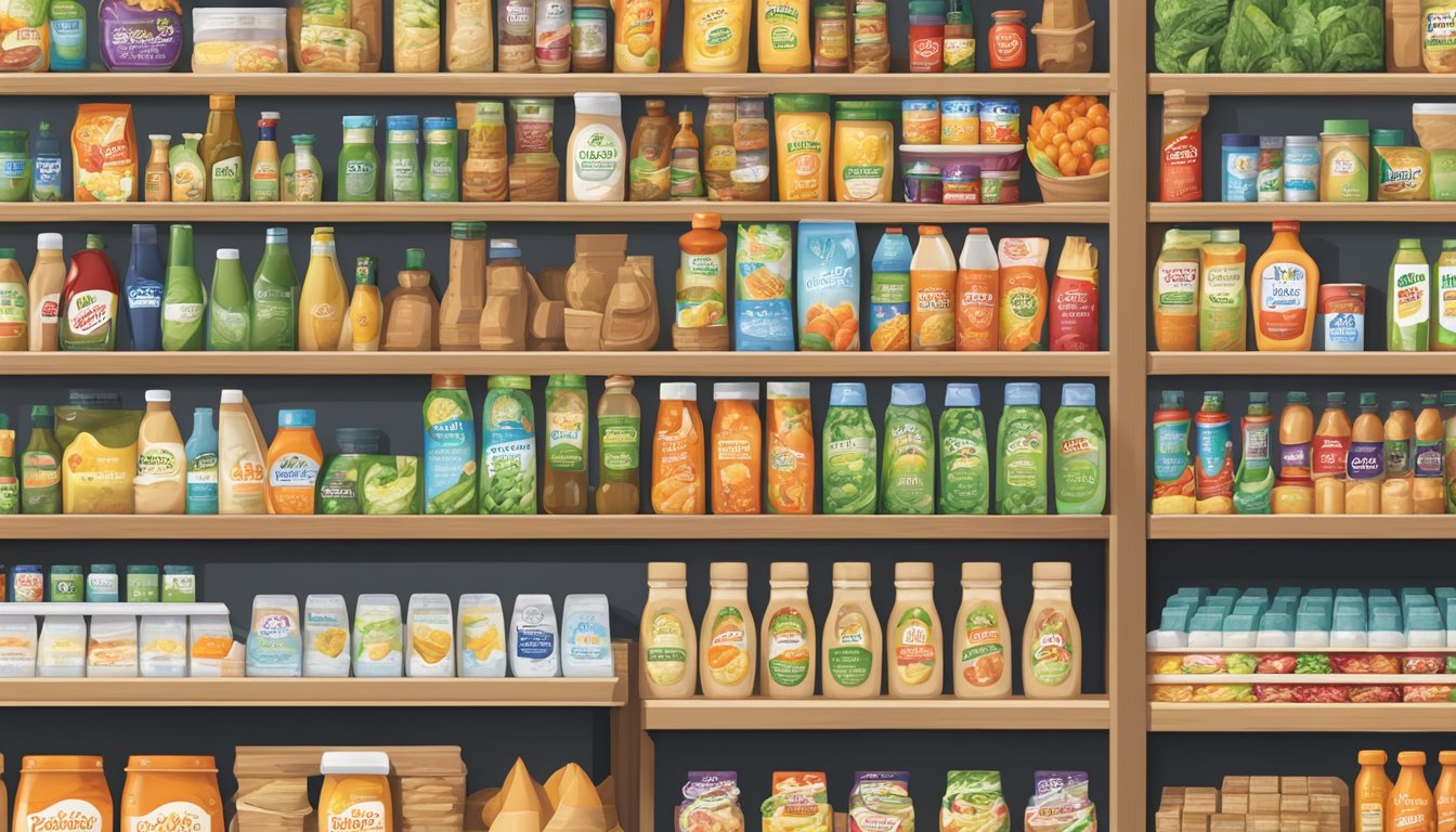 A crowded supermarket shelf with Hidden Valley and Wish Bone salad dressings prominently displayed, surrounded by various food products and advertising materials